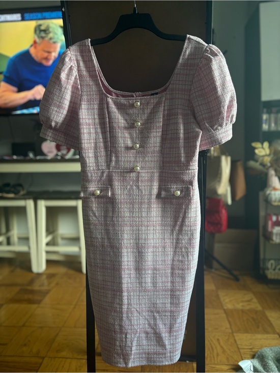 SHEIN Dresses & Skirts - SHEIN Pink Plaid Puff-Sleeve Midi Dress with Pearl Buttons